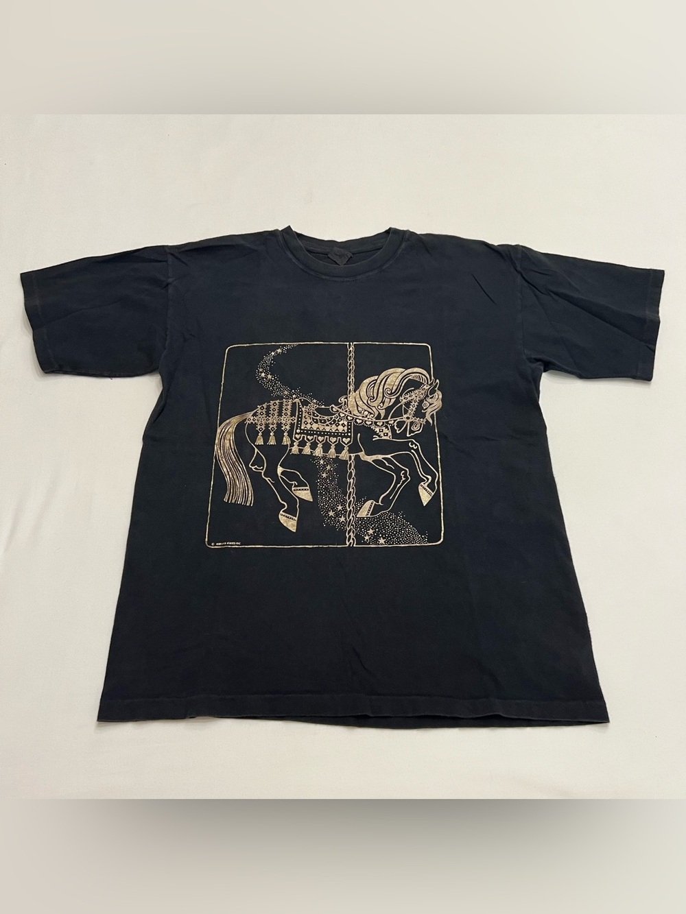 Vintage 80s Metallic Gold Carousel Horse Graphic Tee Shirt Sz L Single Stitch